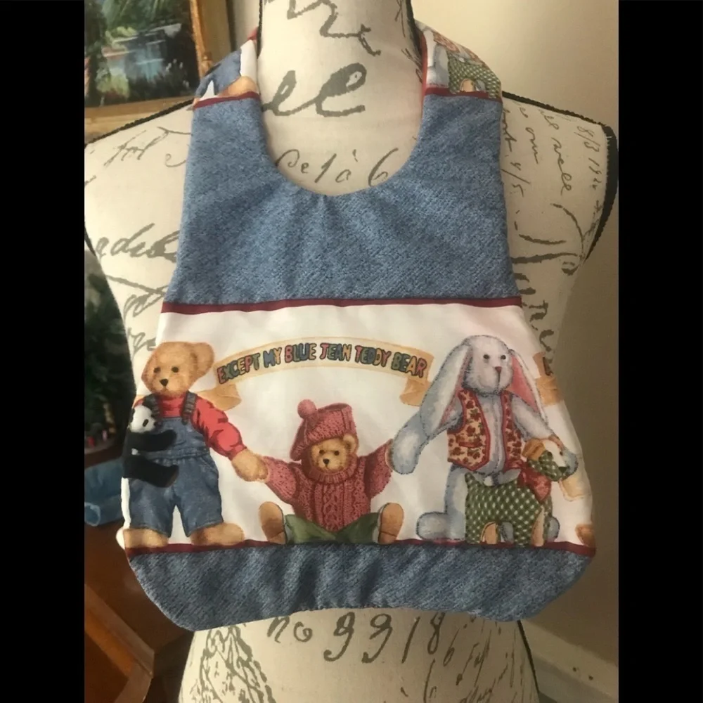 Rare Daisy Kingdom Blue Jean Teddy Bear Quilt Bib